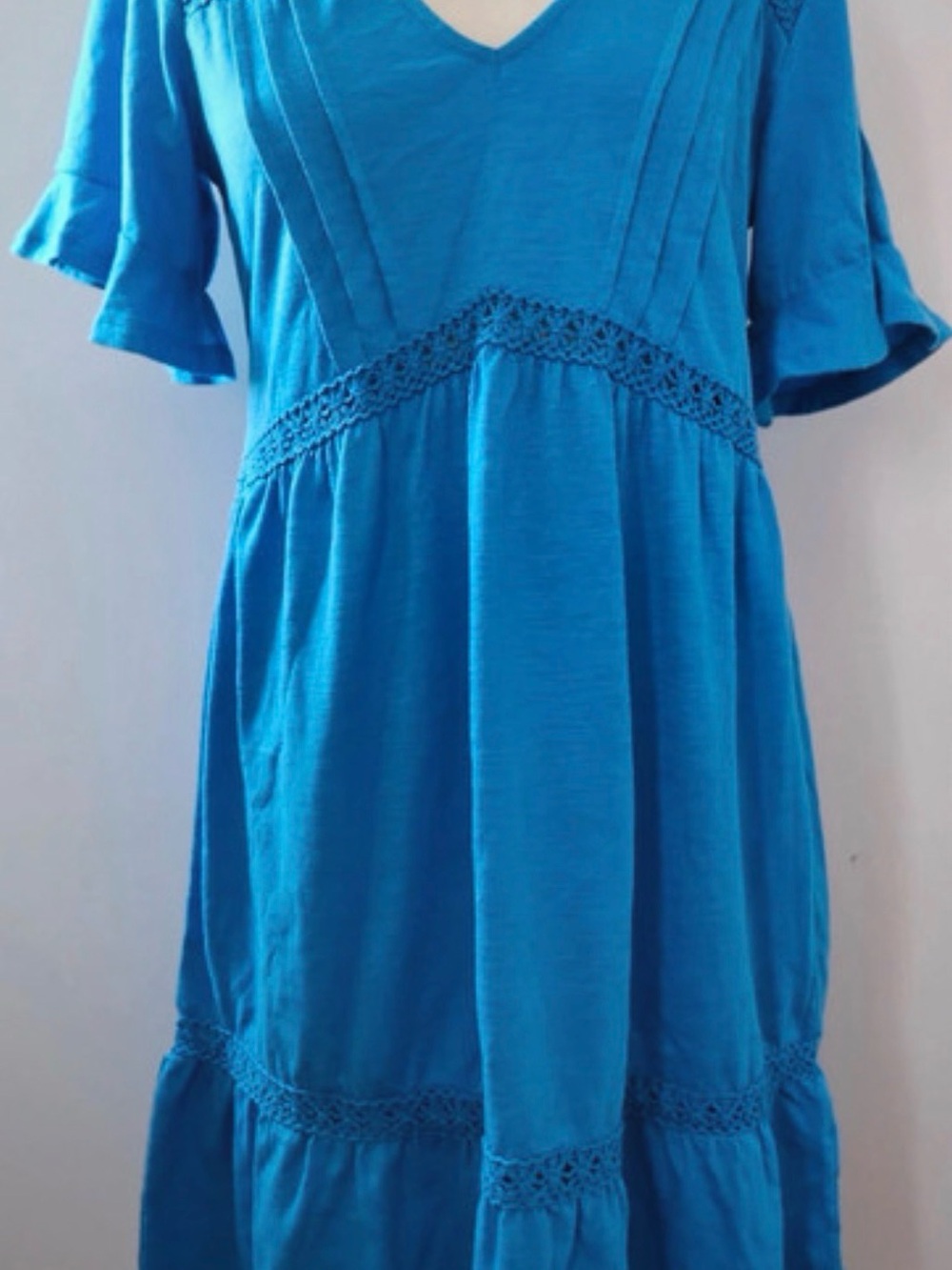 Blue Tiered Dress with Lace Trim